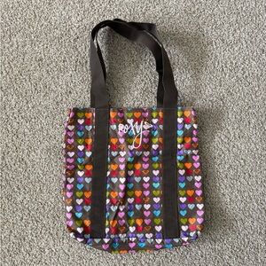 Roxy Multicolor Heart Print Tote Bag Brown Canvas Surf Beach Shopper Y2K